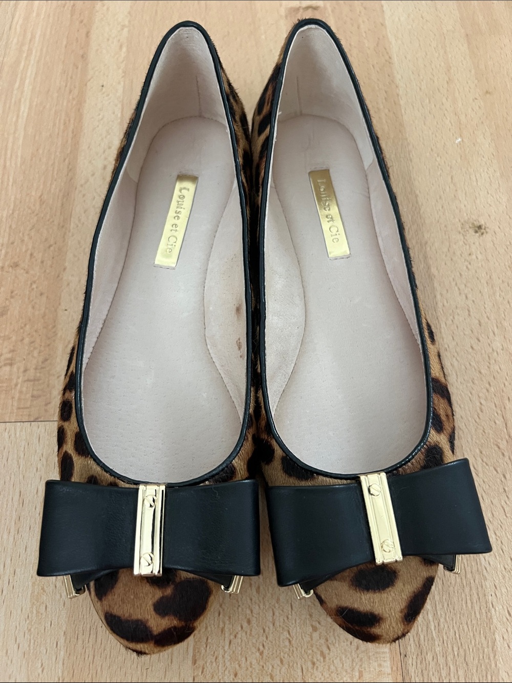 Louise et Cie Leopard Print Ballet Flats with Black Bow & Gold Accent